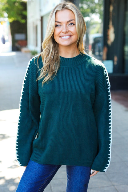 Paulina® | Fall Vibes Hunter Green Rippstrickpullover mit großen Maschen