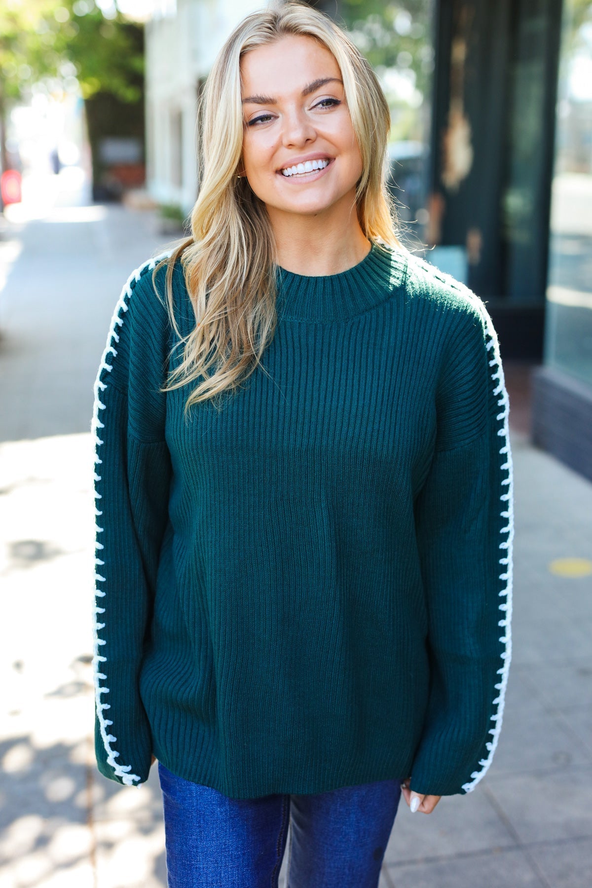 Paulina® | Fall Vibes Hunter Green Rippstrickpullover mit großen Maschen