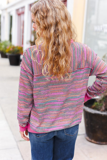 Olivia® | Bring Joy Magenta Mehrfarbiger strukturierter Waffelstrickpullover