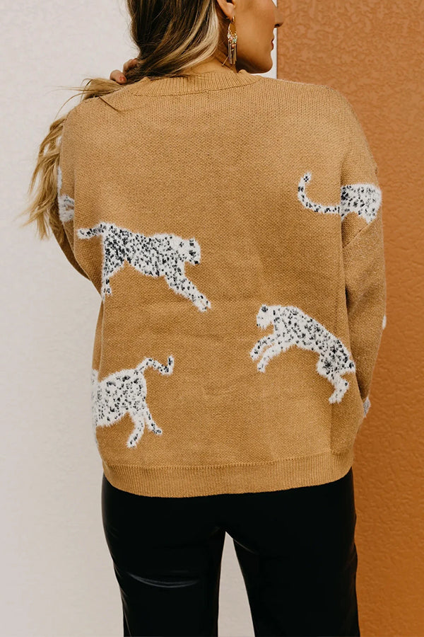 Yolanda® | Kamelfarbener Strickpullover mit Animal-Print und überschnittener Schulter