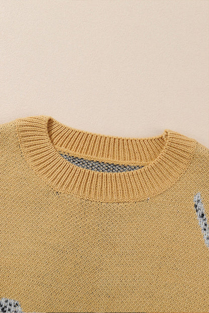 Yolanda® | Kamelfarbener Strickpullover mit Animal-Print und überschnittener Schulter