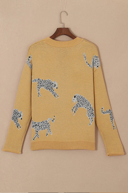 Yolanda® | Kamelfarbener Strickpullover mit Animal-Print und überschnittener Schulter