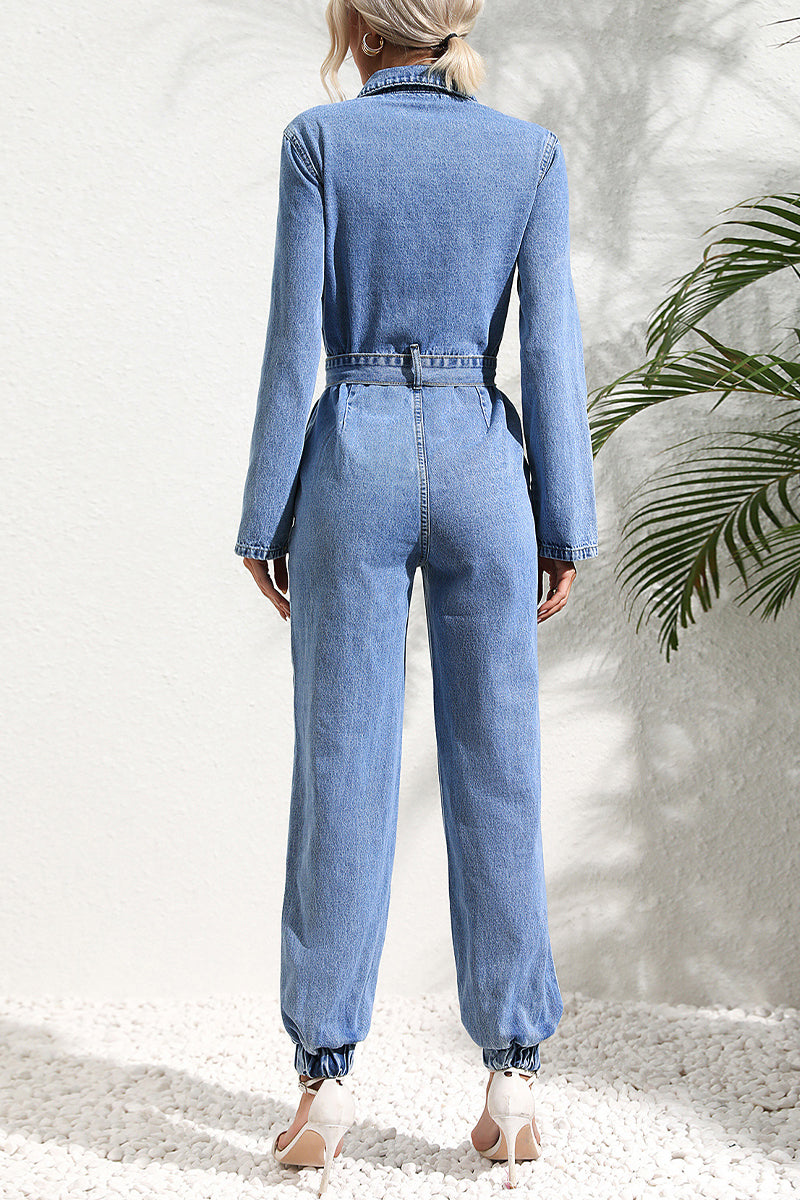 Yadira® | Casual Street Solid Bandage Pocket Turndown Kragen Langarm Regular Denim Jumpsuits