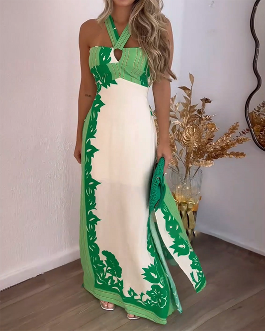 Amalie - Lässiges bedrucktes Kleid mit Neckholder und Hohlkehle