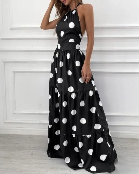 Paula – Gerafftes Neckholder-Maxikleid mit Polka-Dot-Print