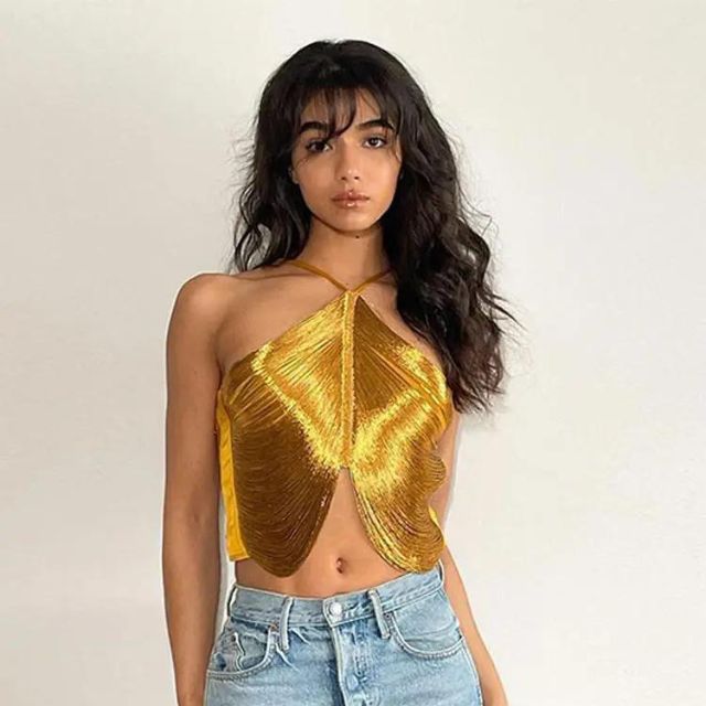 Elsa - Metallic Cross-Front Halter-Crop-Top