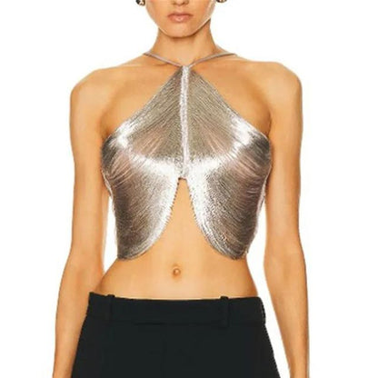 Elsa - Metallic Cross-Front Halter-Crop-Top