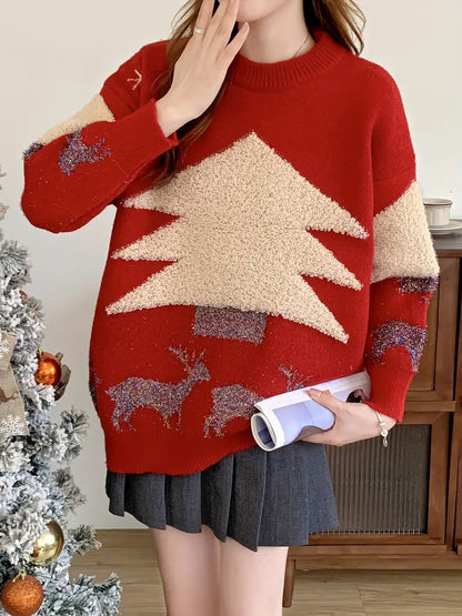 Oriana® | Weihnachten Muster Rundhalsausschnitt Pullover Pullover, Lässig Lange Ärmel Lockeren Pullover