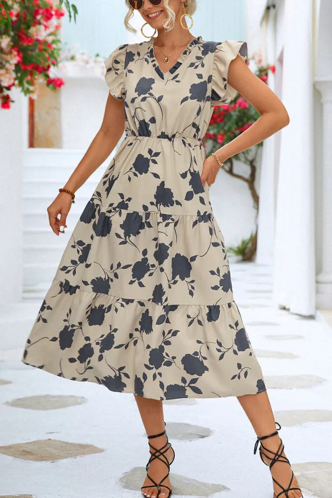 Mia - Floral V-Ausschnitt Strand Rüschenärmel Midi Kleid