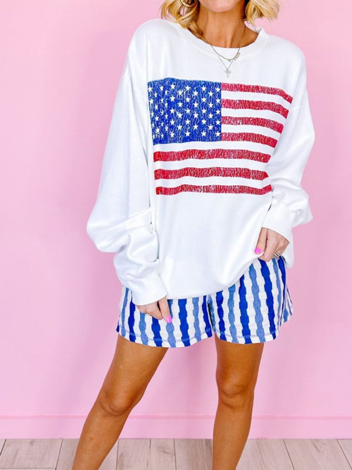 Xandra® | Langarm-Sweatshirt mit Rundhalsausschnitt und US-Flagge