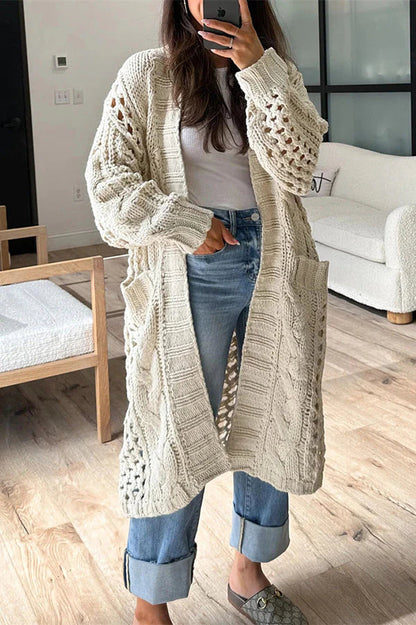 Yadira® | Gestrickter, langärmeliger, übergroßer Midi-Cardigan mit Zopfmuster und Tasche