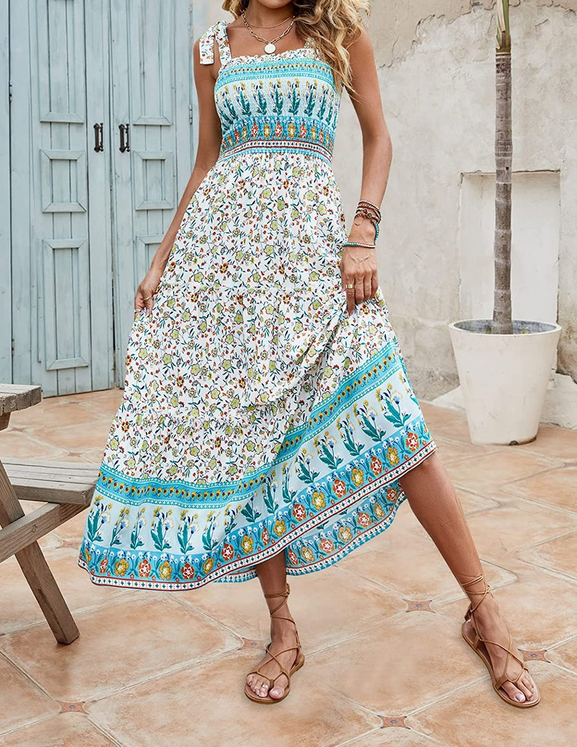 Katy – Lange, lockere Sommerkleider mit Bohemian-Print und Trägern für Damen