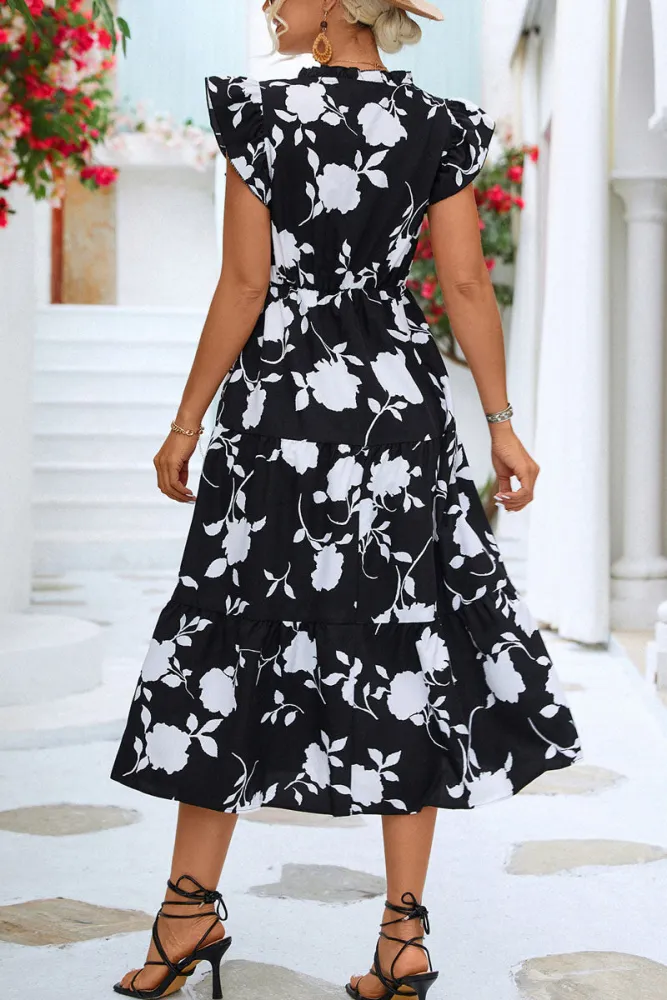 Mia - Floral V-Ausschnitt Strand Rüschenärmel Midi Kleid