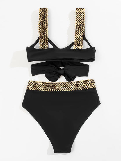 Alma® | Goldfarbener Bikini mit Kreuzschultergurt und hoher Taille