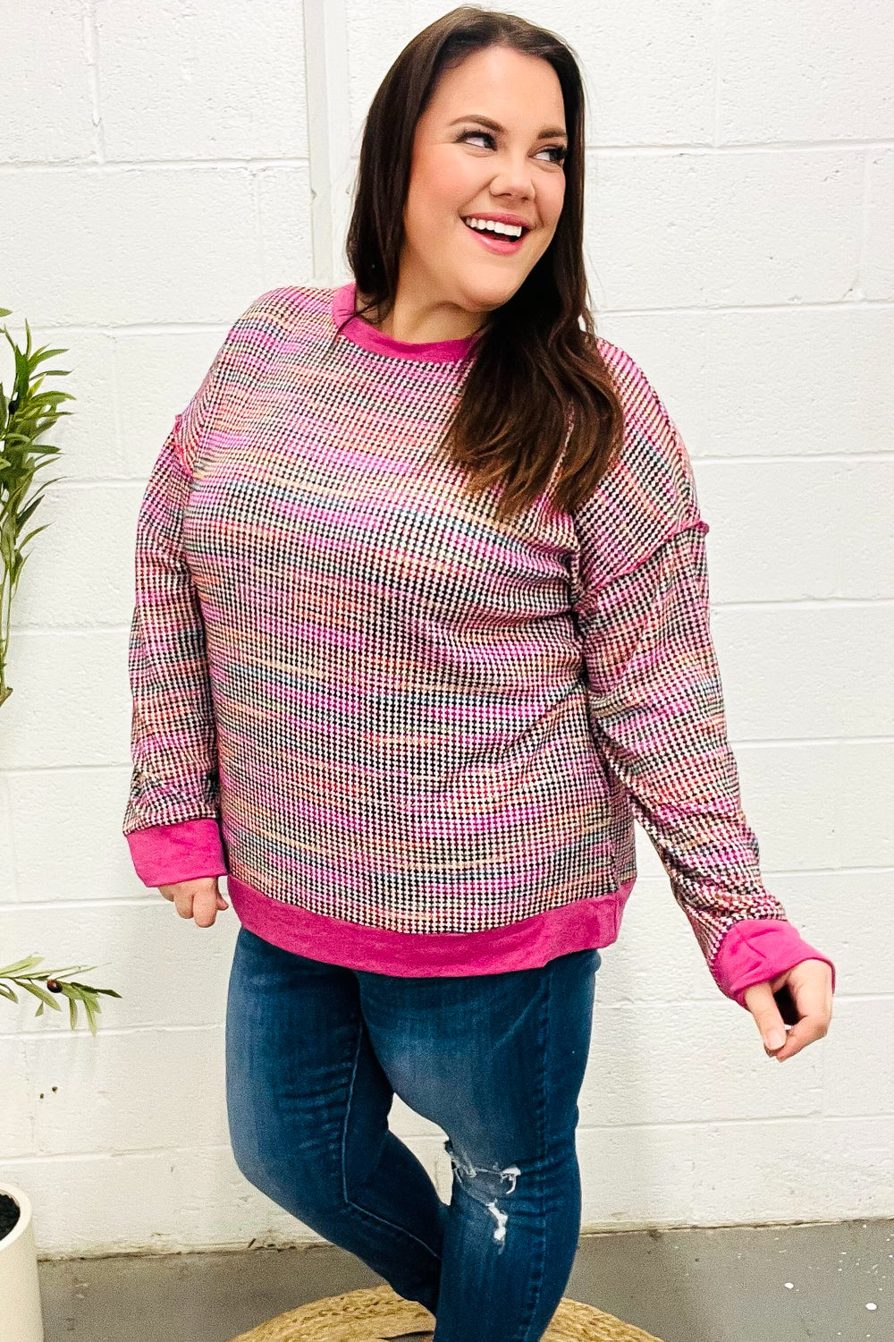 Olivia® | Bring Joy Magenta Mehrfarbiger strukturierter Waffelstrickpullover