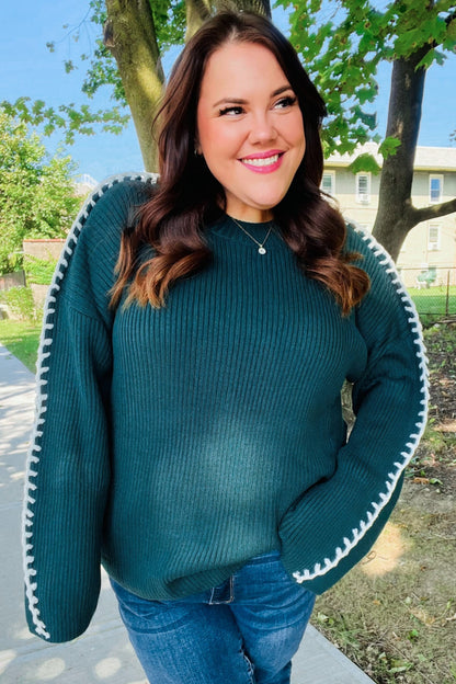 Paulina® | Fall Vibes Hunter Green Rippstrickpullover mit großen Maschen