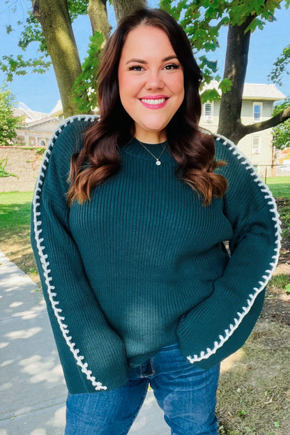 Paulina® | Fall Vibes Hunter Green Rippstrickpullover mit großen Maschen