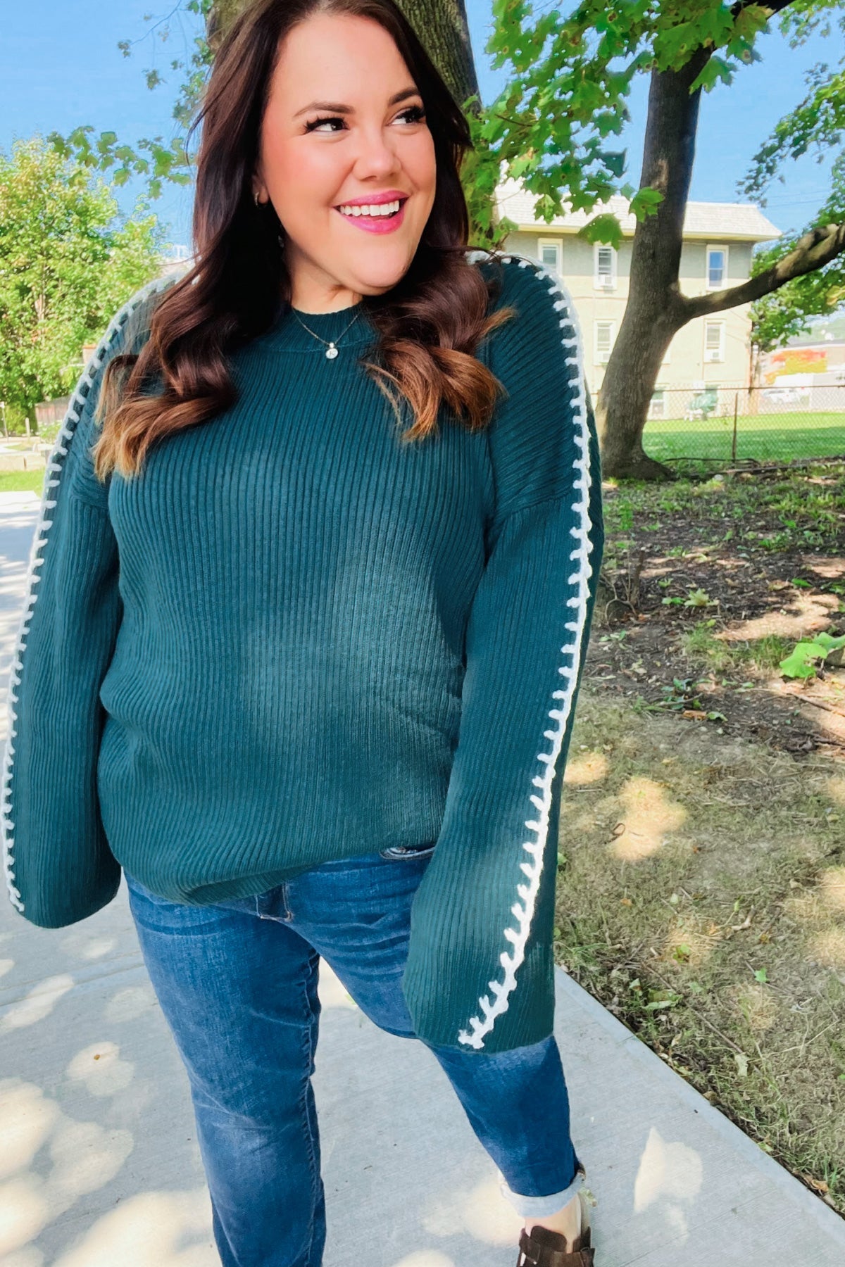 Paulina® | Fall Vibes Hunter Green Rippstrickpullover mit großen Maschen