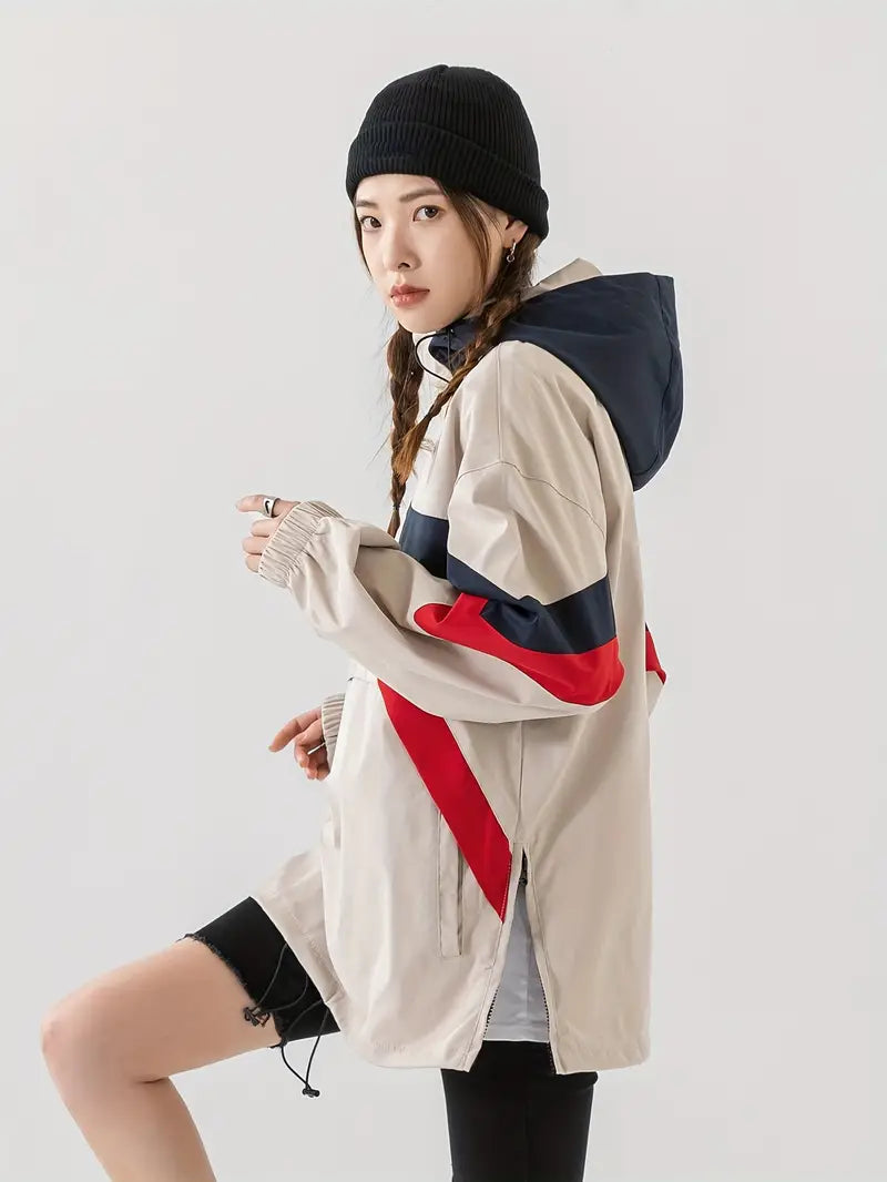 Zoe® | Color Blocked Hooded Drawstring Jacket, Lässige Jacke Mit Reißverschlusstasche