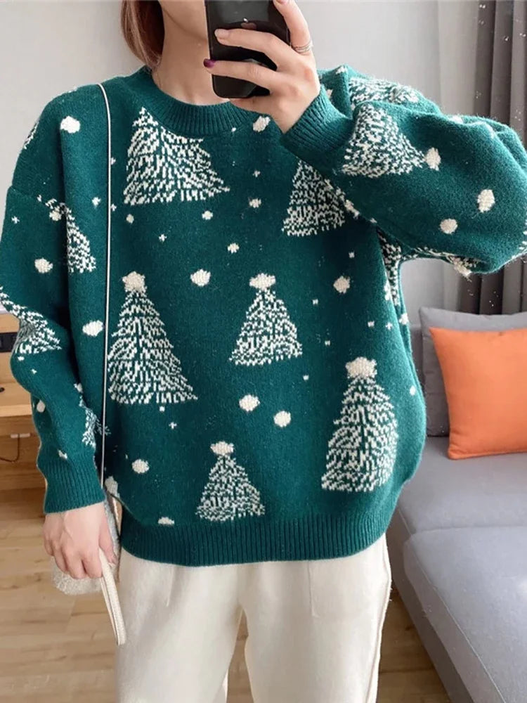 Pilar® | Warmer Damen-Strickpullover mit Weihnachtsbaum-Print und lockerer Passform