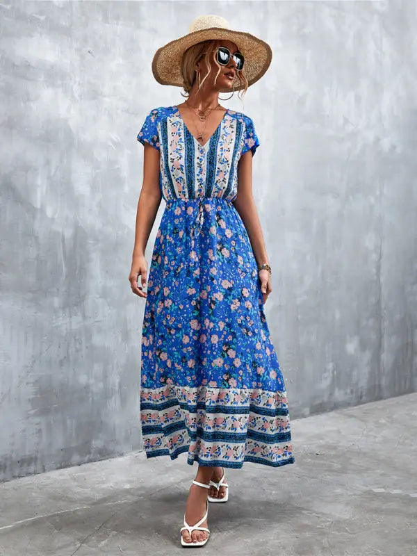 Carolina - Gewebtes V-Ausschnitt langes Bohemian-Kleid