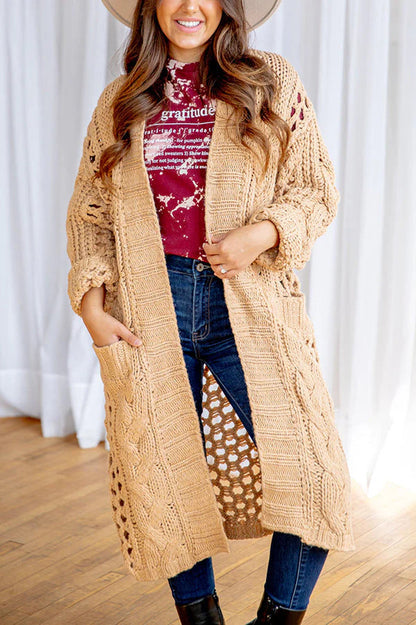 Yadira® | Gestrickter, langärmeliger, übergroßer Midi-Cardigan mit Zopfmuster und Tasche