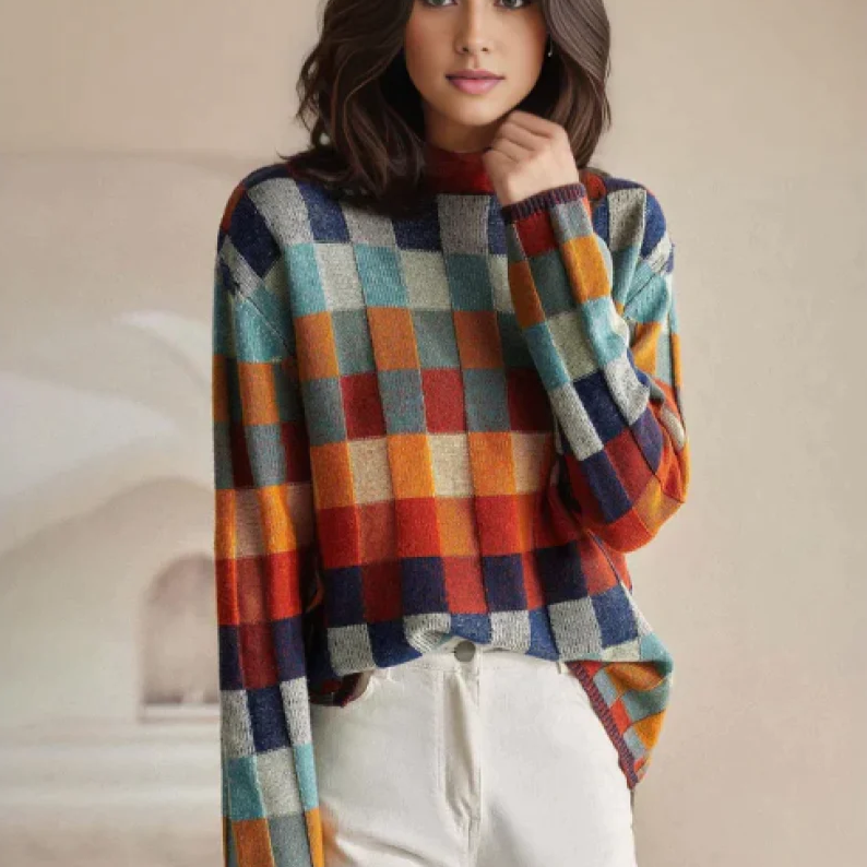 Wendelina® | Bunter Rollkragenpullover mit Patchwork-Strickmuster