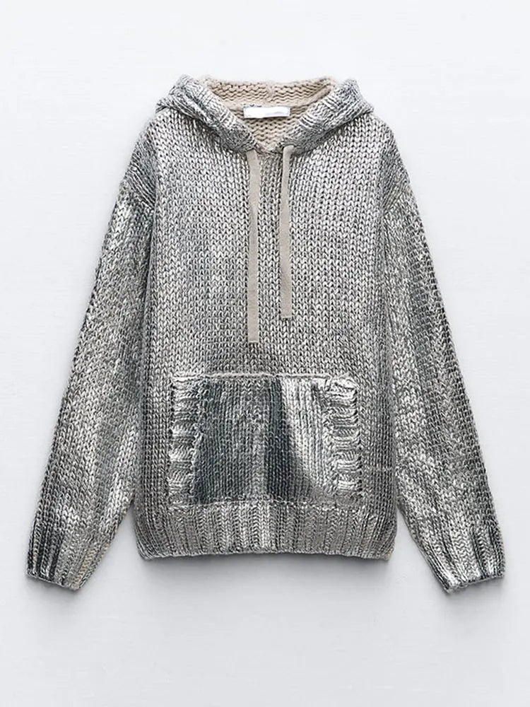 Winnie® | Schicker Damen-Kapuzenpullover mit Metallic-Rippbesatz und Folie